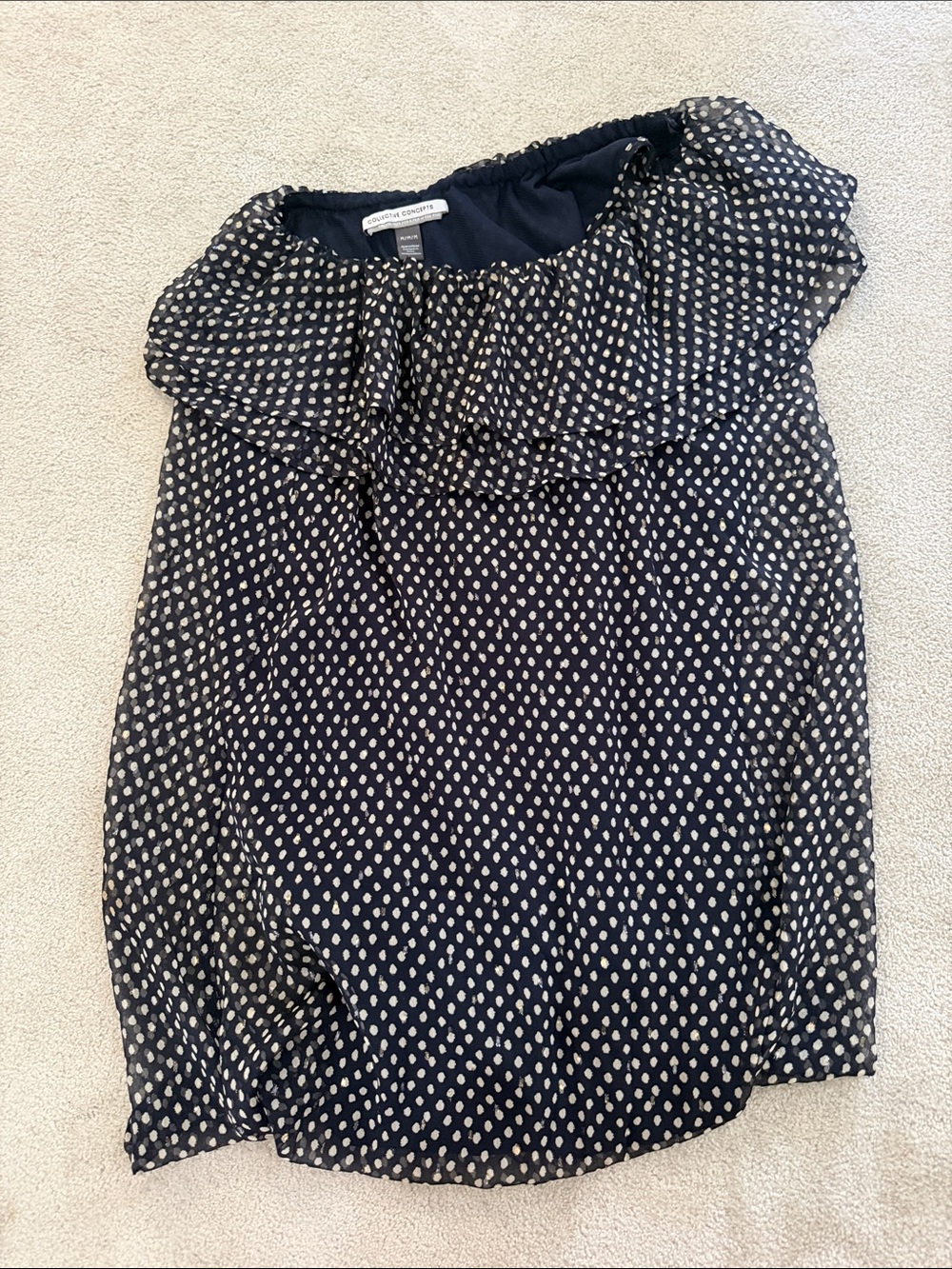 Pea in the Pod Navy and Gold/Cream Polka Dot One Shoulder Maternity Dress